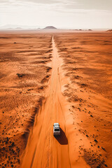 A white car is driving down a dirt road in a desert.