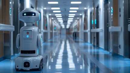 Poster - a white robot, designed for hygiene monitoring, stands in a hospital hallway. the robot appears to b