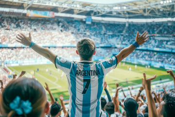 Argentine football soccer fans in a stadium supporting the national team, Albiceleste, Gauchos
