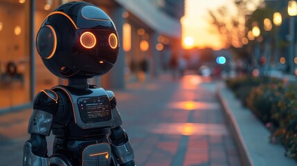 Poster - a black robot with glowing orange eyes stands on a sidewalk in the city at sunset.