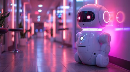 Poster - a white, rounded robot stands in a hospital hallway with pink lighting. the robot has large, red eye