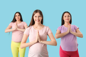 Sticker - Beautiful young sporty pregnant women meditating on blue background