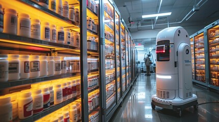Poster - a white robot navigates a pharmacy warehouse, which is lined with shelves stocked with various medic