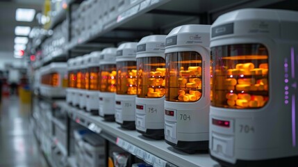 Poster - a row of white robotic medication dispensers lined up on shelves in a warehouse setting.