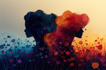 Two female silhouettes with colorful, swirling hair merge with a floral landscape against a sunset