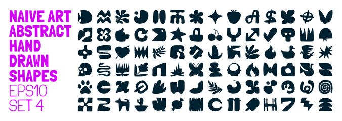Aufkleber - Set of silhouettes minimalistic bizarre abstract geometric unusual shapes and forms in matisse art style, Hand drawn monochrome primitive, Big vector doodle objects and graphic elements, set 4