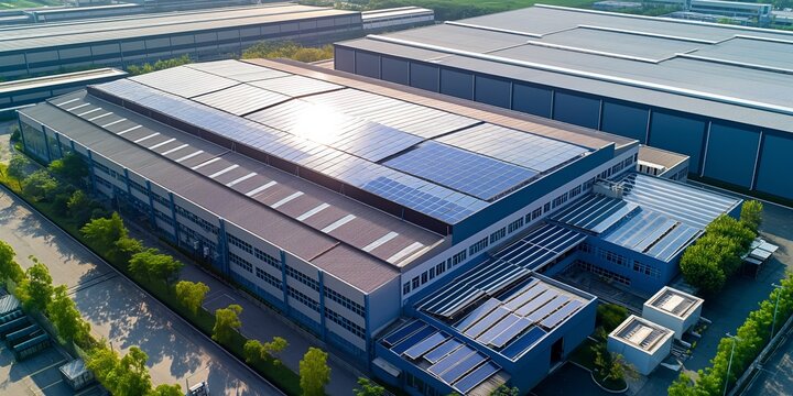 A modern industrial complex with solar panels, facilitating green energy production and sustainable business operations