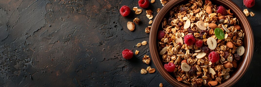bowl of granola with raspberries and almonds on a black surface