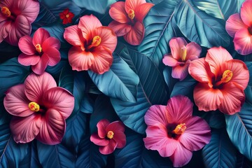 Wall Mural - This image showcases vibrant pink hibiscus flowers with detailed yellow stamens against a backdrop of rich blue leaves