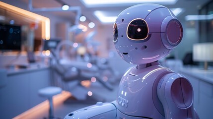Poster - a close-up view of a white robot assistant in a modern dental clinic. the robot is designed to assis