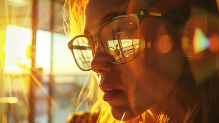 Wall Mural - Close-up of a young woman with glasses working on a laptop in the office. A beautiful woman looks closely at the monitor screen.