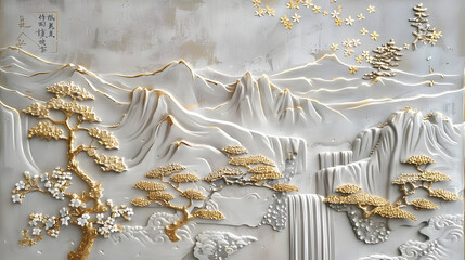 Poster - volumetric stucco molding on a concrete wall with golden elements, japanese landscape, waterfall, mo