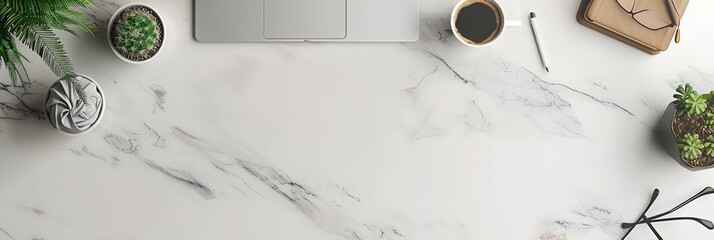 Poster - laptop computer sitting on top of a white table next to a plant and other office supplies