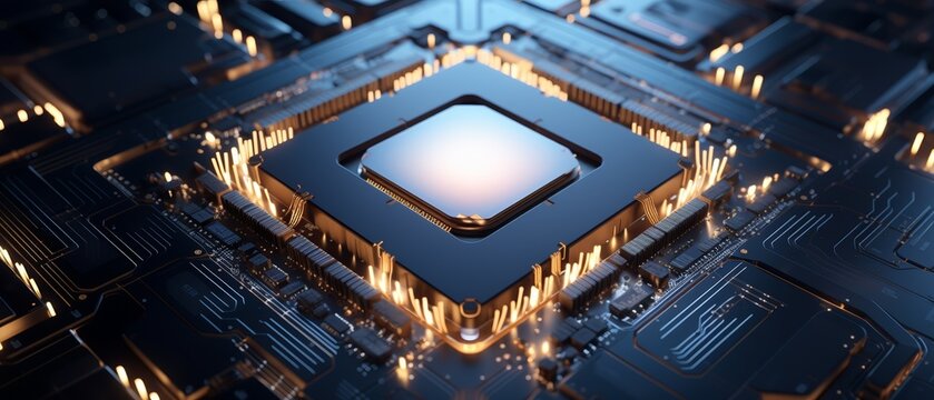Reflective AI text on CPU, overhead angle, sharp focus, cool white light