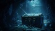 © Xyeppup - Treasure chest in deep sea cave, dim blue light, eerie, wide angle