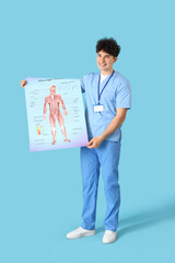 Wall Mural - Male medical intern with human massage points chart on blue background