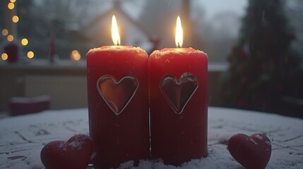 Wall Mural - Two candles with hearts on them are sitting in the snow, AI