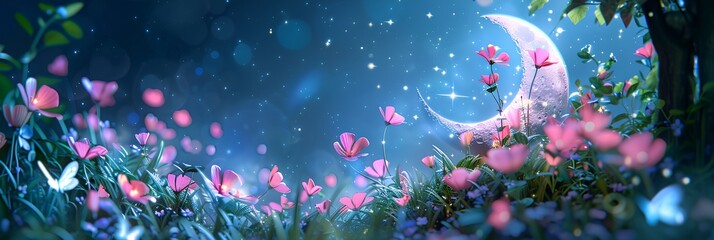 Wall Mural - a field of flowers with a moon in the background and stars in the sky above them