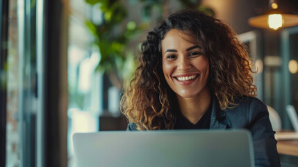 Wall Mural - Portrait of a young woman sitting with a laptop in a modern office. Smiling woman working with a laptop computer. Freelancing concept. Lifestyle.