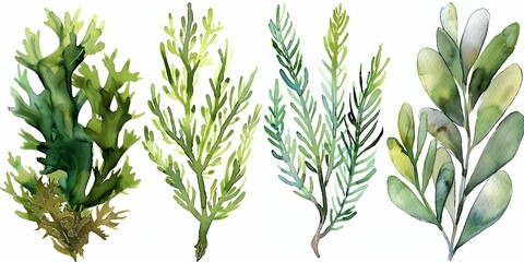 group of watercolor plants with green leaves and stems on a white background