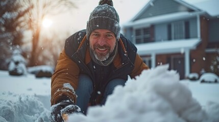 A smiling man in winter attire plays with snow in front of his suburban house during sunset
