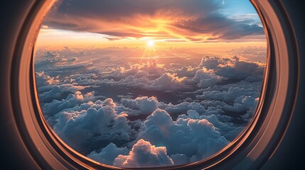 Wall Mural - Golden sunset with spectacular cloud formations viewed through an airplane window