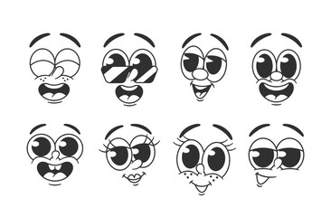 Wall Mural - set of cartoon emoji faces showcasing a variety of expressive emotions. retro-style character differ
