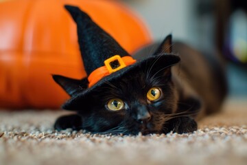 Halloween Cat. Fluffy Black Breed Fearful Skittish Mammal Lying on Home Floor