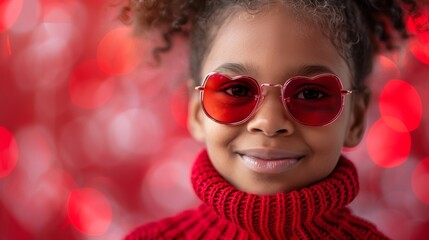 Portrait of a young girl wearing red heart-shaped sunglasses on a bokeh background