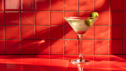 Glass with martini and spicy olives. Alcoholic cocktail on red tile background. Classic alcoholic cocktail with vodka and vermouth, garnished with green olives, bright hard light and shadow pattern. 