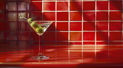 Glass with martini and spicy olives. Alcoholic cocktail on red tile background. Classic alcoholic cocktail with vodka and vermouth, garnished with green olives, bright hard light and shadow pattern. 