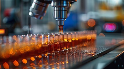 Poster - a robotic arm dispenses liquid into glass vials on a conveyor belt in a laboratory setting.