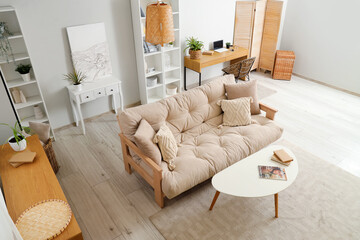 Sticker - Interior of modern room with comfortable sofa and coffee table