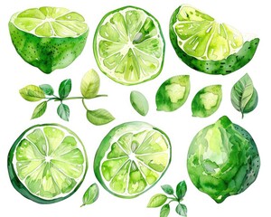 Wall Mural - Lime Drawing. Watercolor Set of Fresh Citrus Fruits Illustration