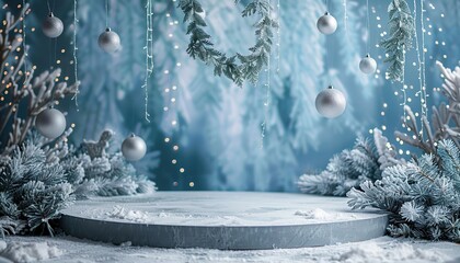 Wall Mural - Stone New Year's podium with the atmosphere of a Christmas holiday, Winter pedestal decor for goods