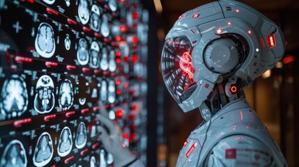 Poster - A white robotic figure with a transparent helmet analyzes medical scans displayed on a large monitor. The robots internal circuitry is visible through the helmet, indicating the processing power at