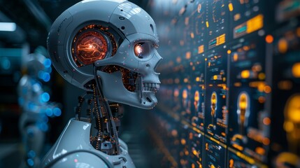 Poster - A robotic head with glowing red eyes observes a wall of digital screens displaying data, likely analyzing medical information.