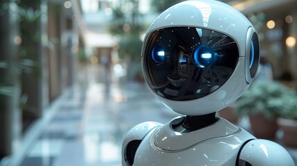 Poster - A white Costaposta robot with blue eyes looks directly at the viewer in a public indoor space. The background is out of focus, suggesting a bustling environment.