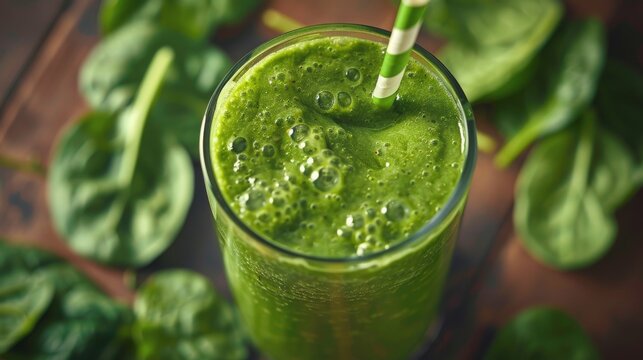 Fresh green spinach smoothie shot close up with spinach leaves in the background