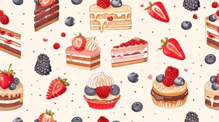 Sticker - Colorful dessert pattern showcasing delicious cakes and berries. Art illustration style perfect for backgrounds, wallpapers, and textile designs. Bright and detailed,AI.