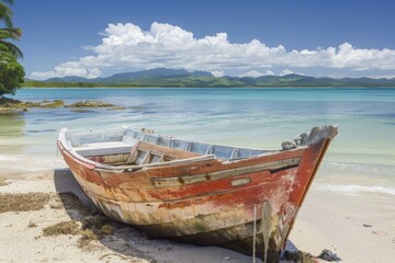 Canvas Print - Old Wooden Boat. Retro Fisherman's Boat on Beach in Las Galeras, Dominican Republic