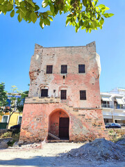 The tower of Markelos in Aegina island, Greece. Exterior view of the Tower of Markelos on Aegina Island, Greece, a Venetian watchtower built in the late 17th century.