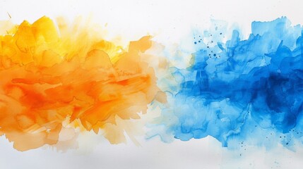 Canvas Print - A painting of a blue and orange paint splatter on white paper, AI