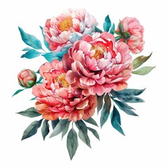 Wall Mural - Peony Illustration. Watercolor Bouquet of Blossom Flowers for Wedding and Valentine Cards