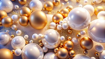 Wall Mural - Abstract background with white and golden pearls, beads, and spheres, pearls, beads, texture, elegant, luxury, shiny, round shapes, decoration, jewelry, glamour, design, backdrop, decoration