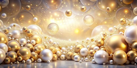 Wall Mural - A luxurious background of white and golden pearls, beads, and render spheres, pearls, beads, golden, luxurious, shiny, elegant, round, spheres, reflections, background, jewelry, decoration