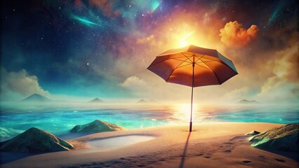Abstract umbrella standing on a sandy beach with a tropical island background, perfect for summer holidays , beach, umbrella, abstract, summer, island, background, vacation, sand, sunny