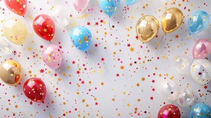 Poster - a holiday card with colorful balloons on a white background with golden small stars with a free place to insert text