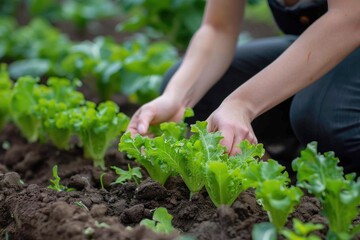 Small Vegetable Garden. Woman Gardener Planting Lettuce in Backyard Garden