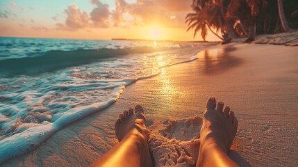 Canvas Print - A person's feet are on the beach at sunset, AI